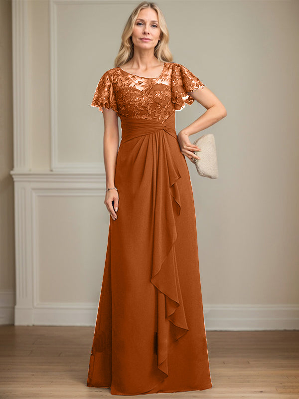A-line Asymmetrical Illusion Floor-Length Lace Chiffon Mother of the Bride Dress With Cascading Ruffles Sequins - View 12 | FashionDia