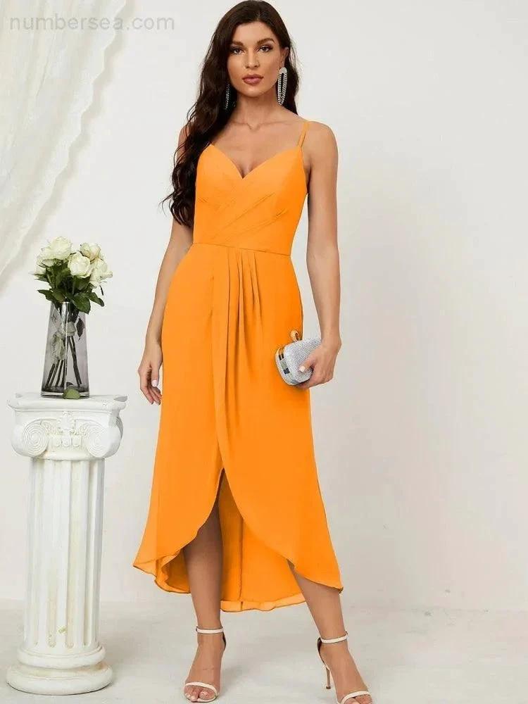 ZapDress Spaghetti Chiffon V Neck Bridesmaid Dress Mid-Length Slit Formal Prom Dress Homecoming Dress 2803 (ZD16952)