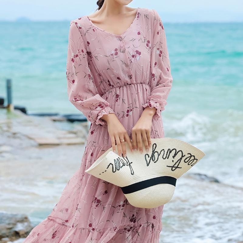 Buttoned Ruffle Layer Bohemian Dress For Women