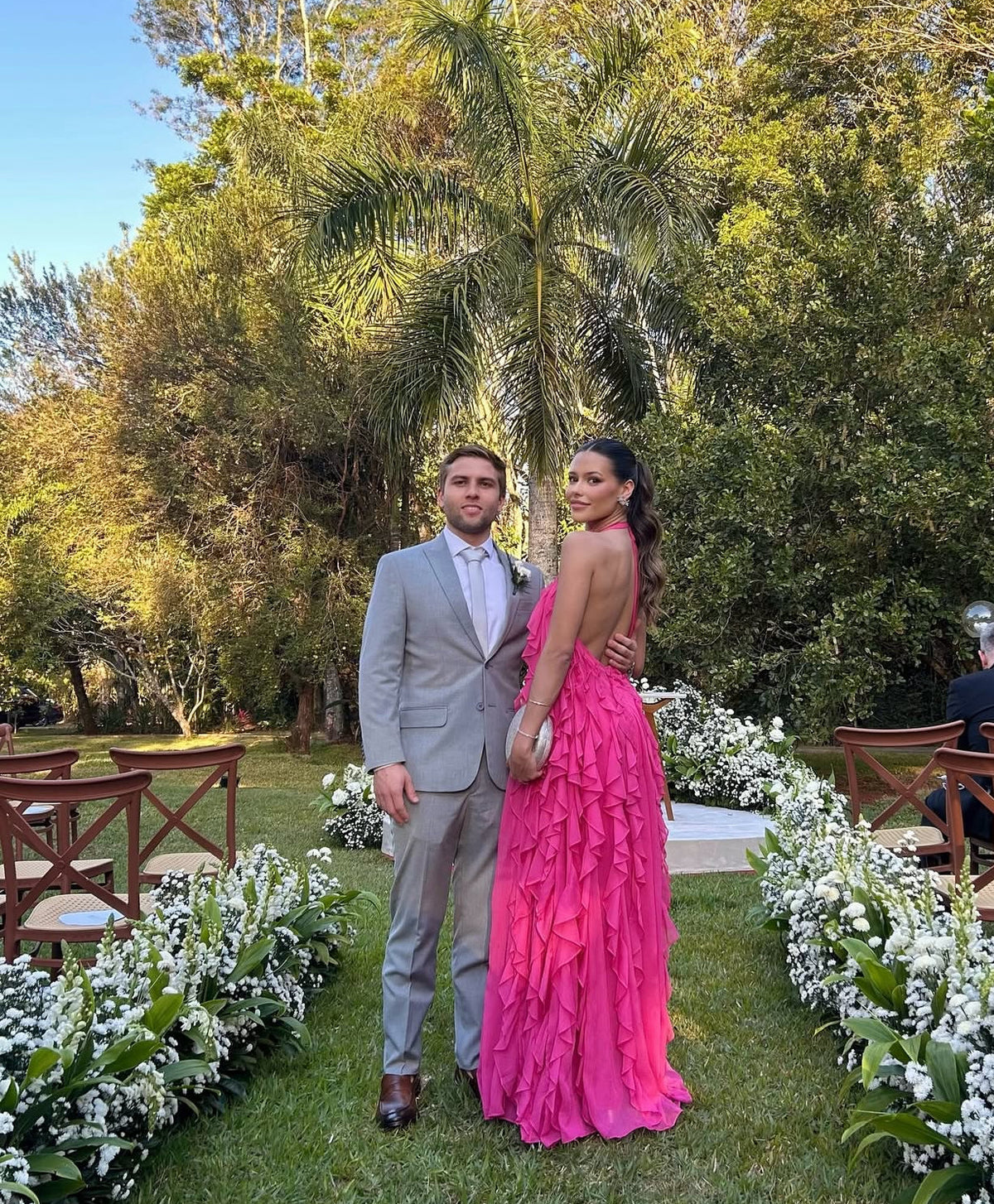 Halter Pink Ruffle Long Prom Dress Wedding Guest Dress J8875
