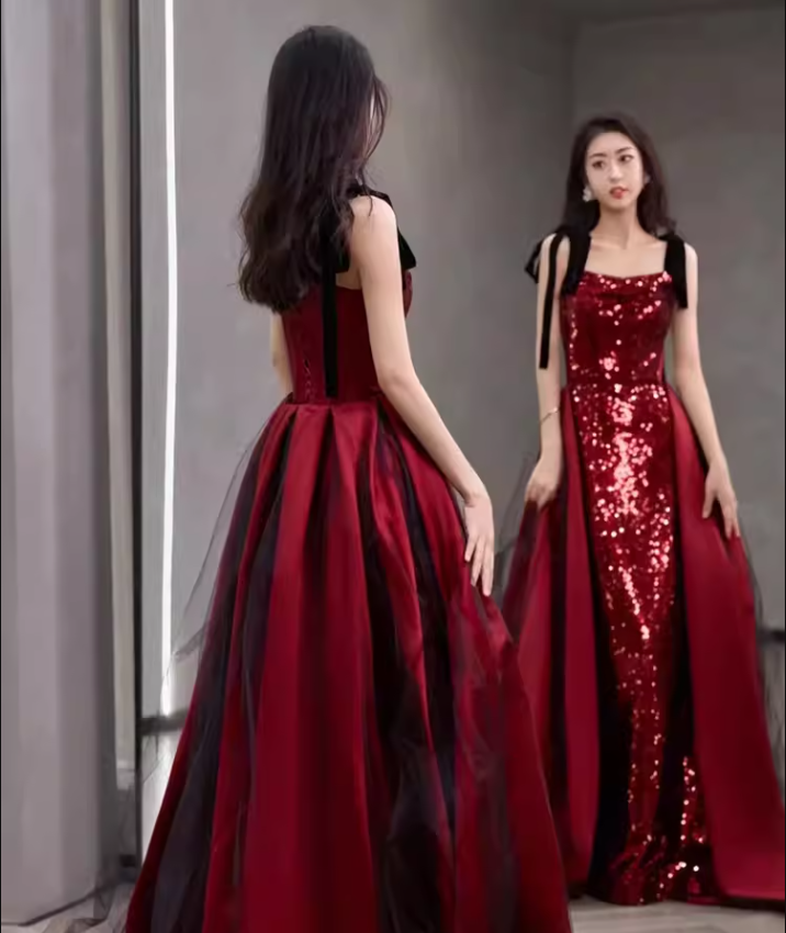 Simple A Line Burgundy Sequin Long Prom Dresses