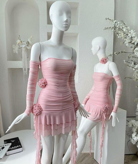 Cute A-Line Strapless Off-the-Shoulder Pink Homecoming Dress With Flowers - FashionDia