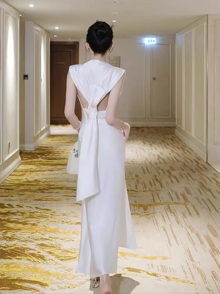 Sexy Mermaid Scoop Sleeveless White Long Prom Dress - View 2 | FashionDia