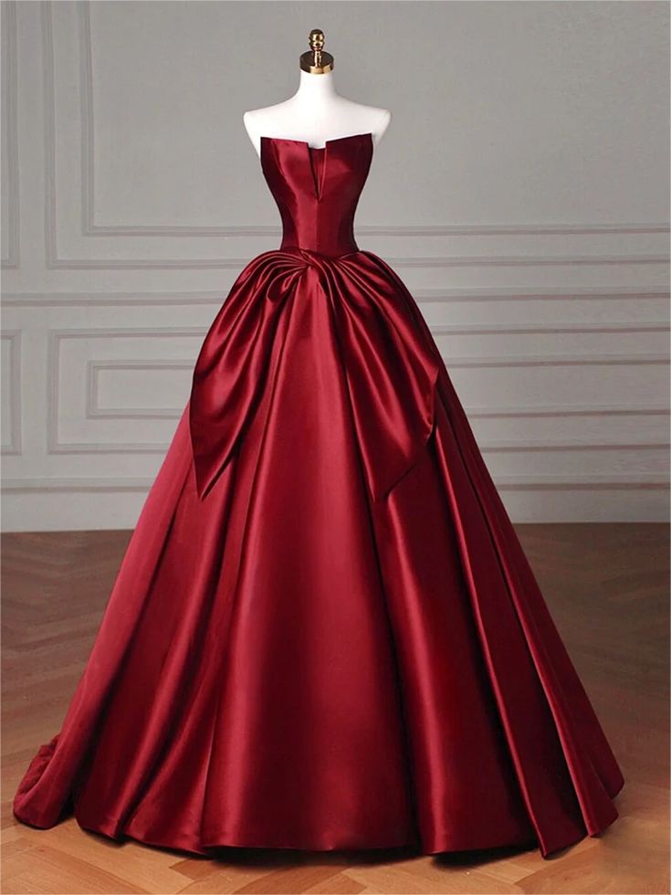 Vintage A-Line Strapless Burgundy Satin Long Evening & Prom Dress - FashionDia