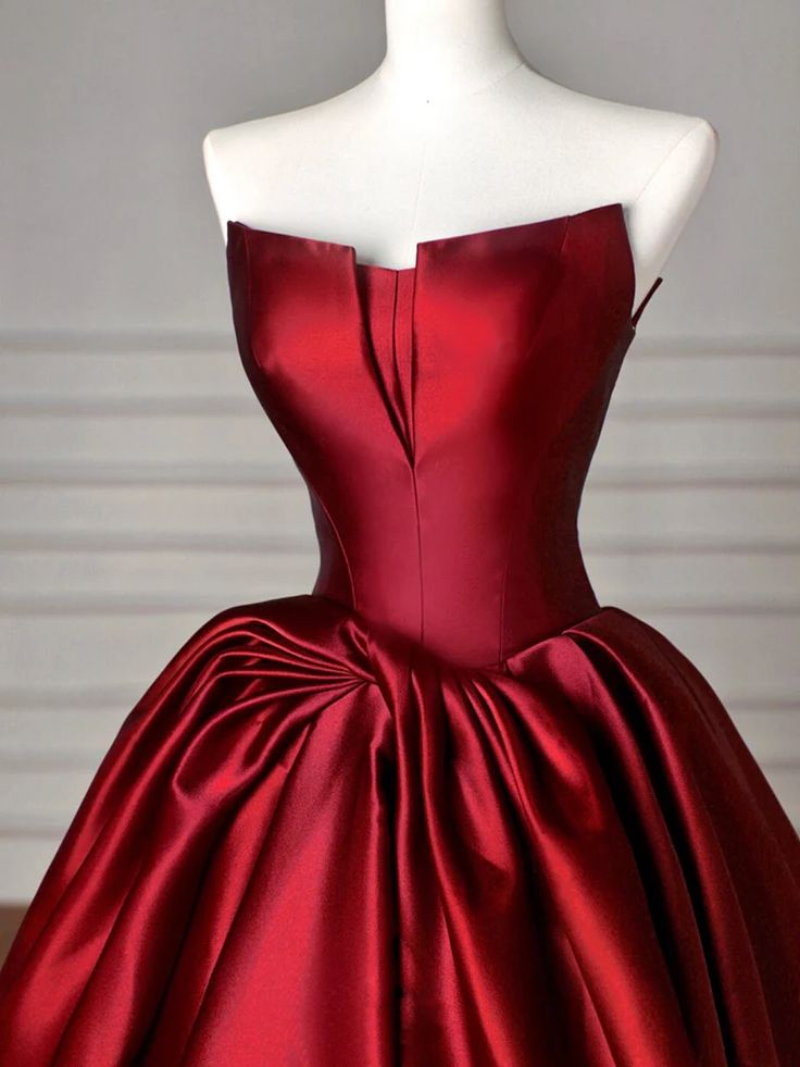 Vintage A-Line Strapless Burgundy Satin Long Evening & Prom Dress - View 3 | FashionDia