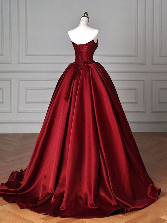 Vintage A-Line Strapless Burgundy Satin Long Evening & Prom Dress - View 2 | FashionDia