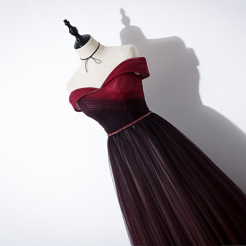 Vintage A-Line Off-the-Shoulder Burgundy Tulle Evening & Prom Dress - View 3 | FashionDia