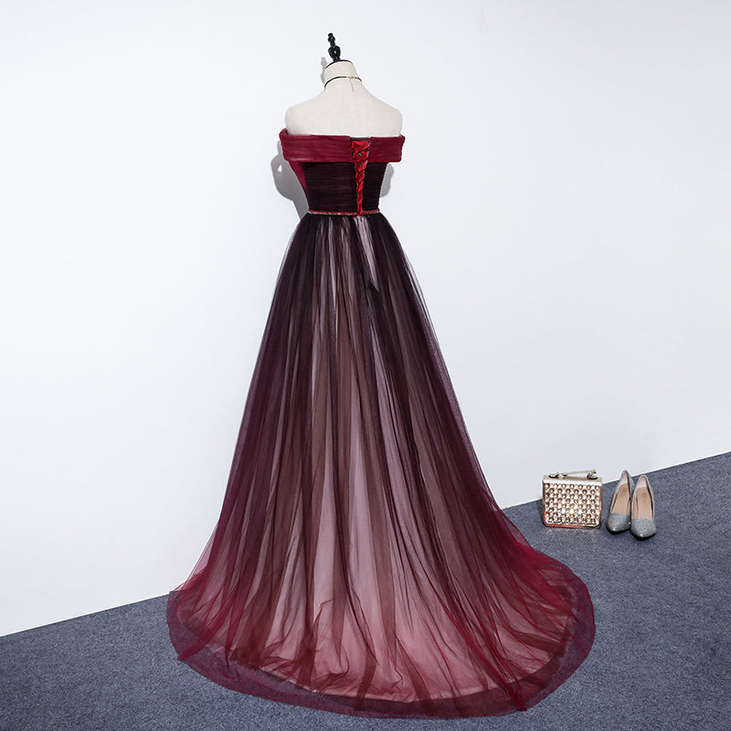Vintage A-Line Off-the-Shoulder Burgundy Tulle Evening & Prom Dress - View 2 | FashionDia