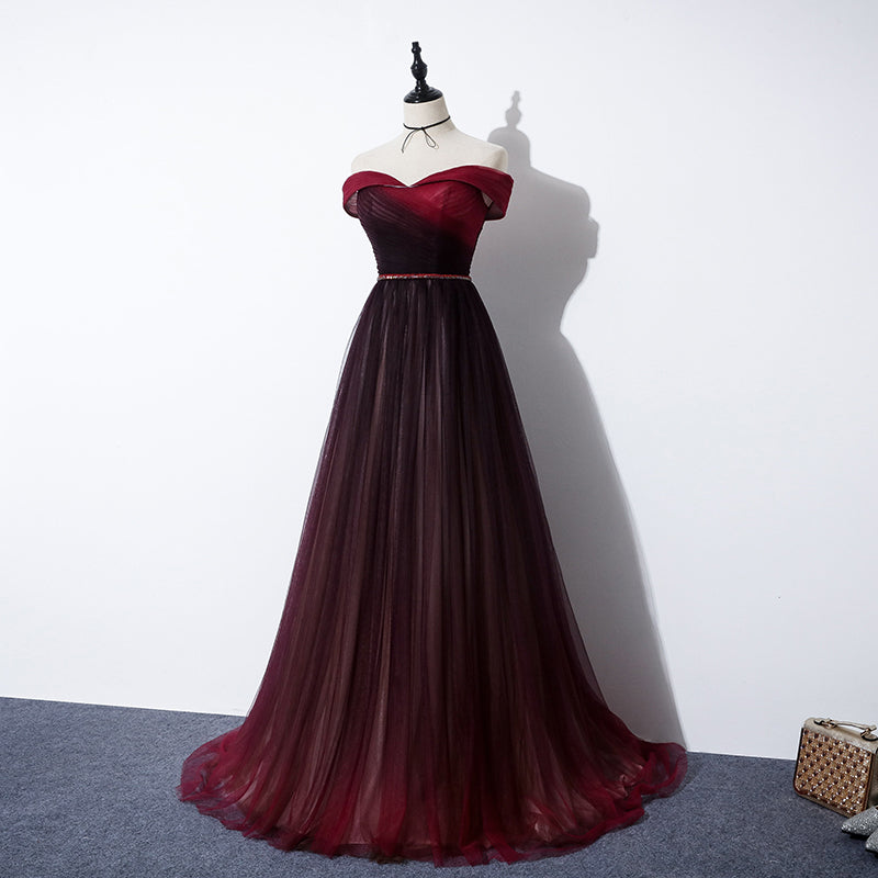 Vintage A-Line Off-the-Shoulder Burgundy Tulle Evening & Prom Dress - FashionDia