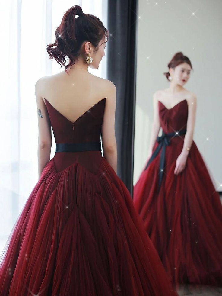 Vintage Ball Gown Strapless Burgundy Tulle Evening & Prom Dress - View 4 | FashionDia