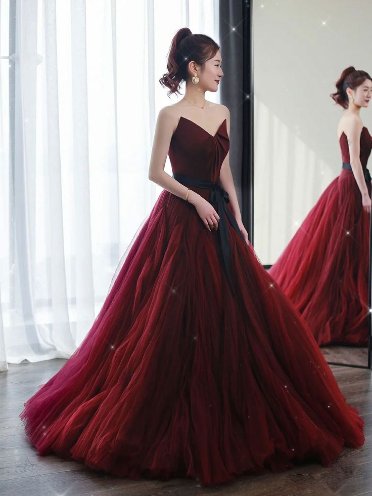 Vintage Ball Gown Strapless Burgundy Tulle Evening & Prom Dress - View 3 | FashionDia