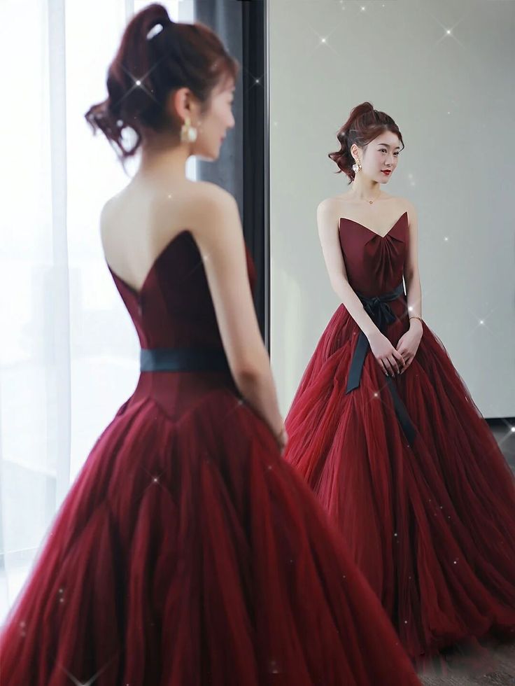 Vintage Ball Gown Strapless Burgundy Tulle Evening & Prom Dress - View 2 | FashionDia