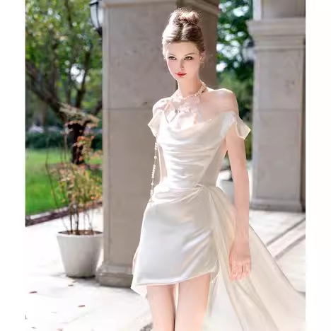 Vintage High Low Off The Shoulder White Satin Wedding Dresses C119
