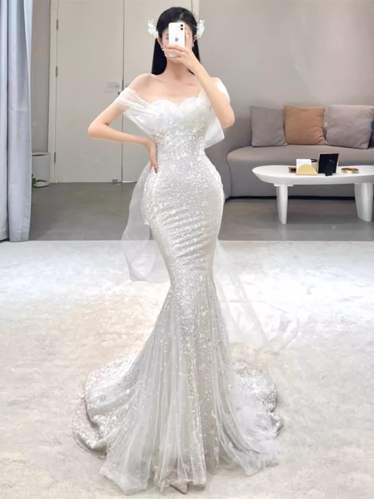 Fairytale Mermaid Off The Shoulder Long Sequin White Wedding Dresses