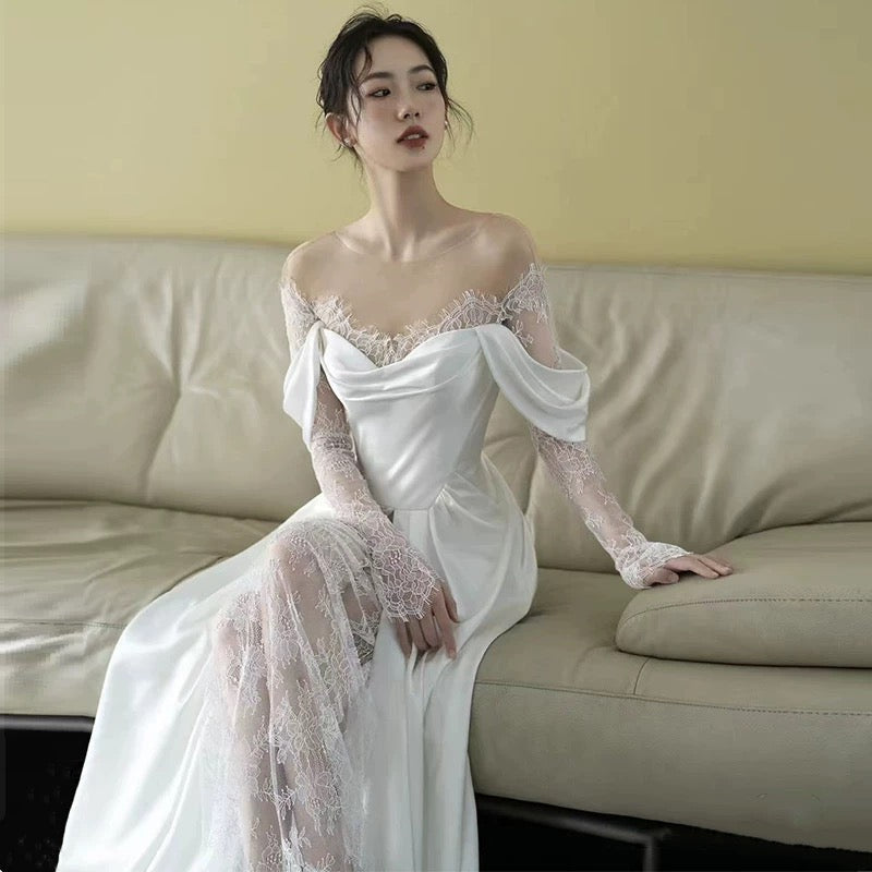 Fairytale Mermaid Long Sleeves Lace White Off The Shoulder Wedding Dress