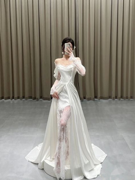 Fairytale Mermaid Long Sleeves Lace White Off The Shoulder Wedding Dress