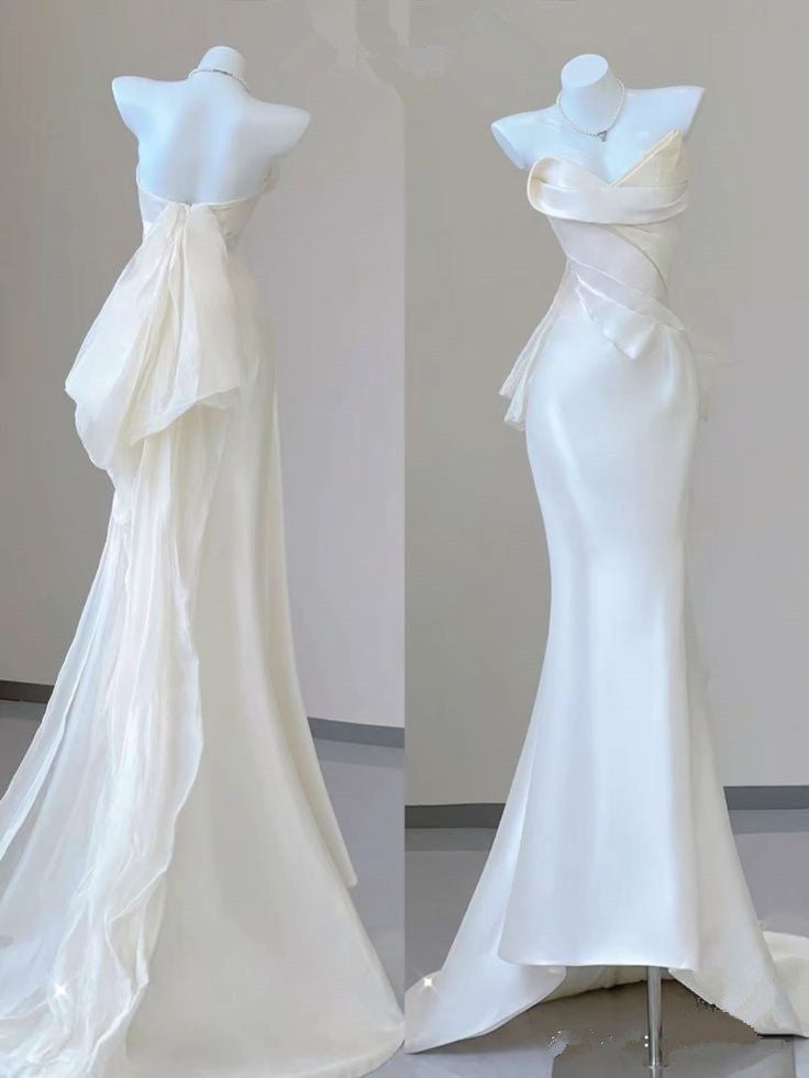 Fairytale Mermaid Sweetheart Satin White Long Wedding Dresses Brides Gown