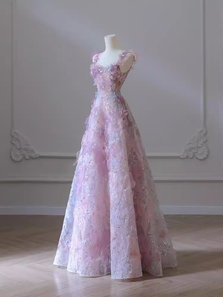 Sexy A-Line Straps Neckline Floral Long Evening Dress Lace Prom Dress - View 2 | FashionDia
