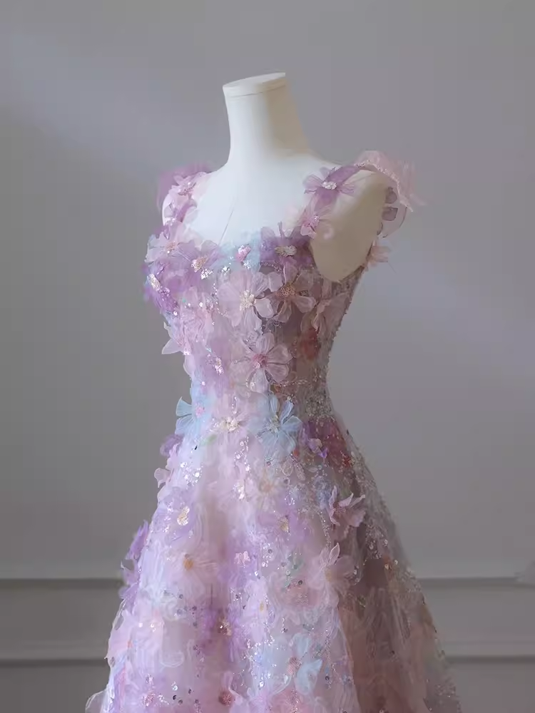 Sexy A-Line Straps Neckline Floral Long Evening Dress Lace Prom Dress - View 4 | FashionDia