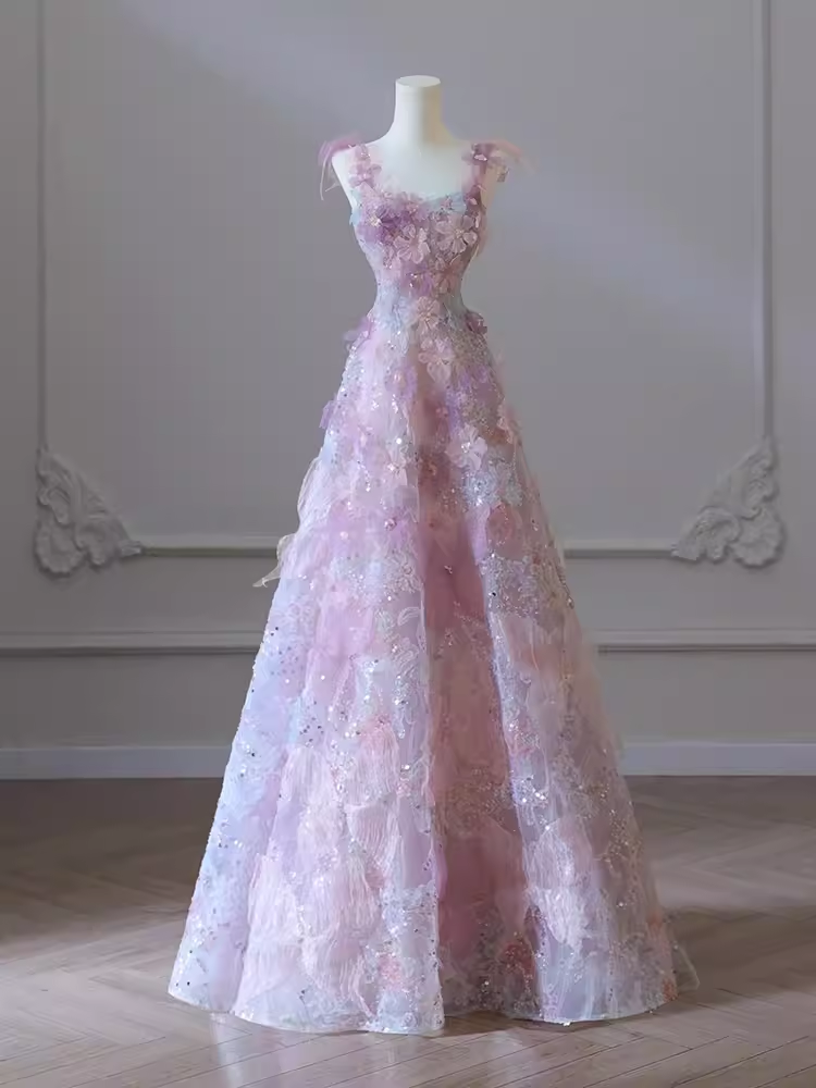 Sexy A-Line Straps Neckline Floral Long Evening Dress Lace Prom Dress - FashionDia