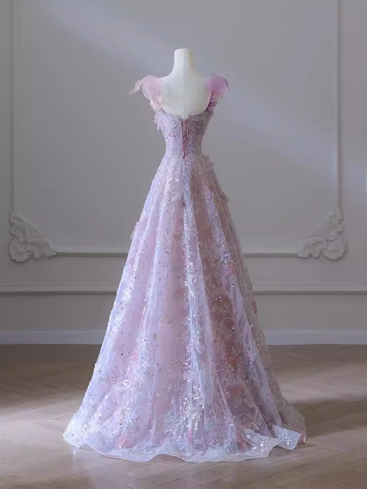 Sexy A-Line Straps Neckline Floral Long Evening Dress Lace Prom Dress - View 3 | FashionDia