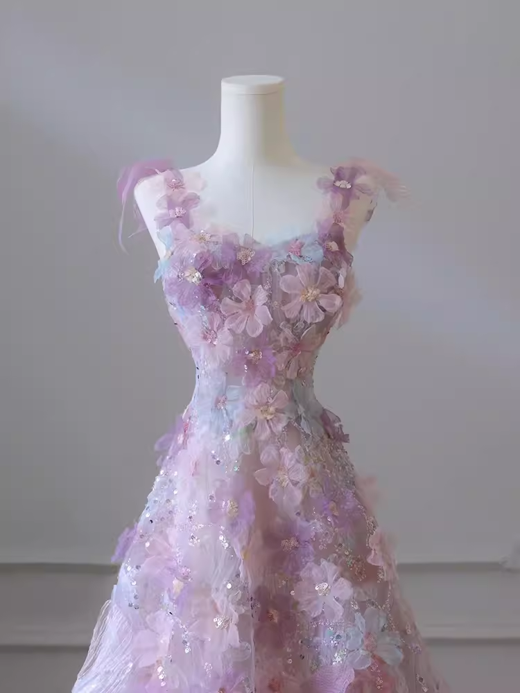 Sexy A-Line Straps Neckline Floral Long Evening Dress Lace Prom Dress - View 5 | FashionDia
