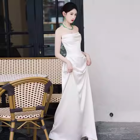 Simple Strapless White Satin Wedding Dresses - View 2 | FashionDia