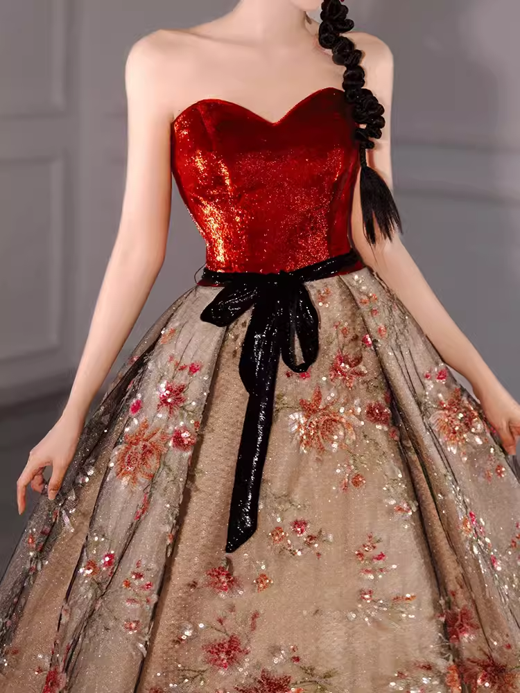 Fairytale Ball Gown Strapless Burgundy Sequin Long Evening & Prom Dress - View 4 | FashionDia