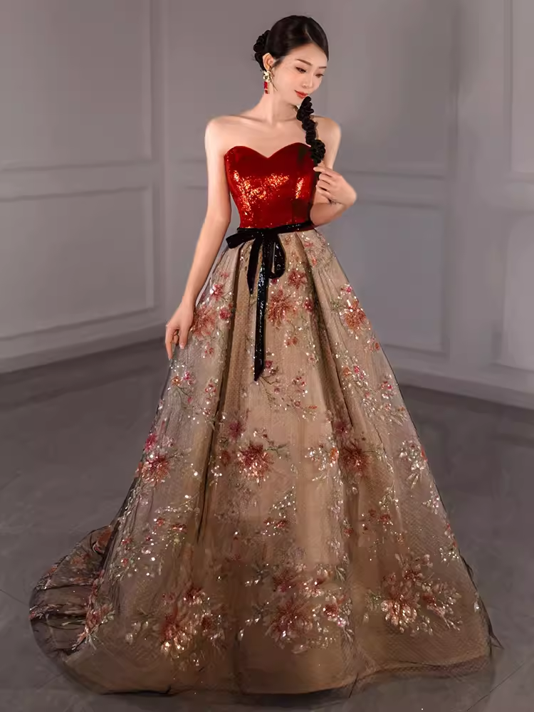 Fairytale Ball Gown Strapless Burgundy Sequin Long Evening & Prom Dress - View 5 | FashionDia