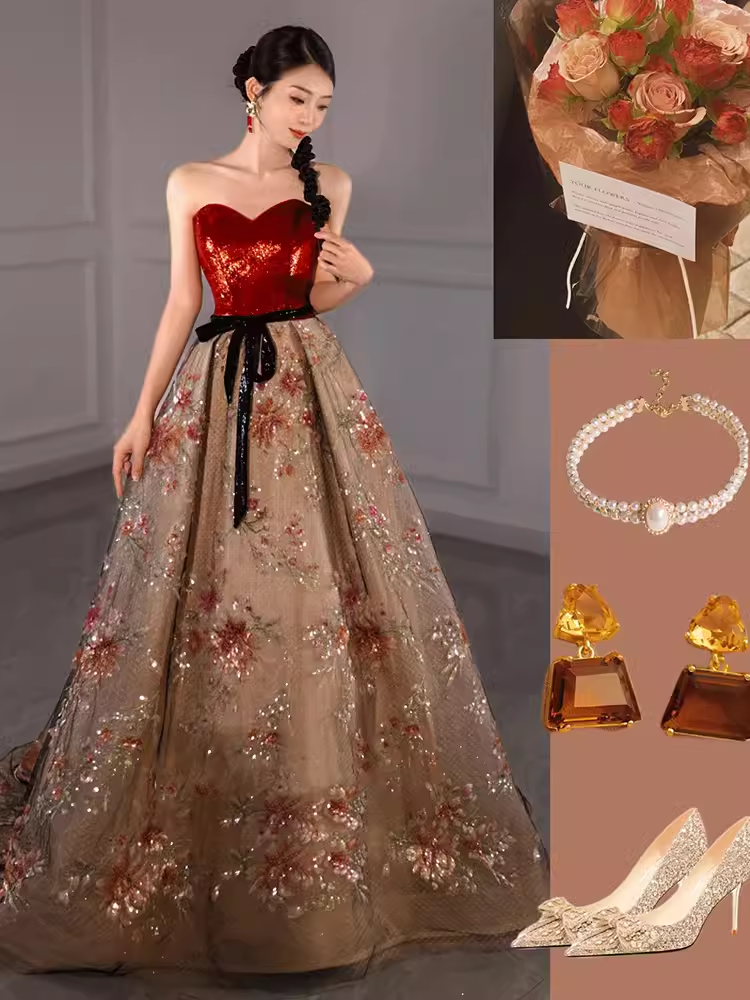 Fairytale Ball Gown Strapless Burgundy Sequin Long Evening & Prom Dress - FashionDia