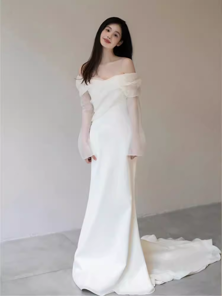 Chic Mermaid Off The Shoulder White Wedding Dress With Long Sleeves