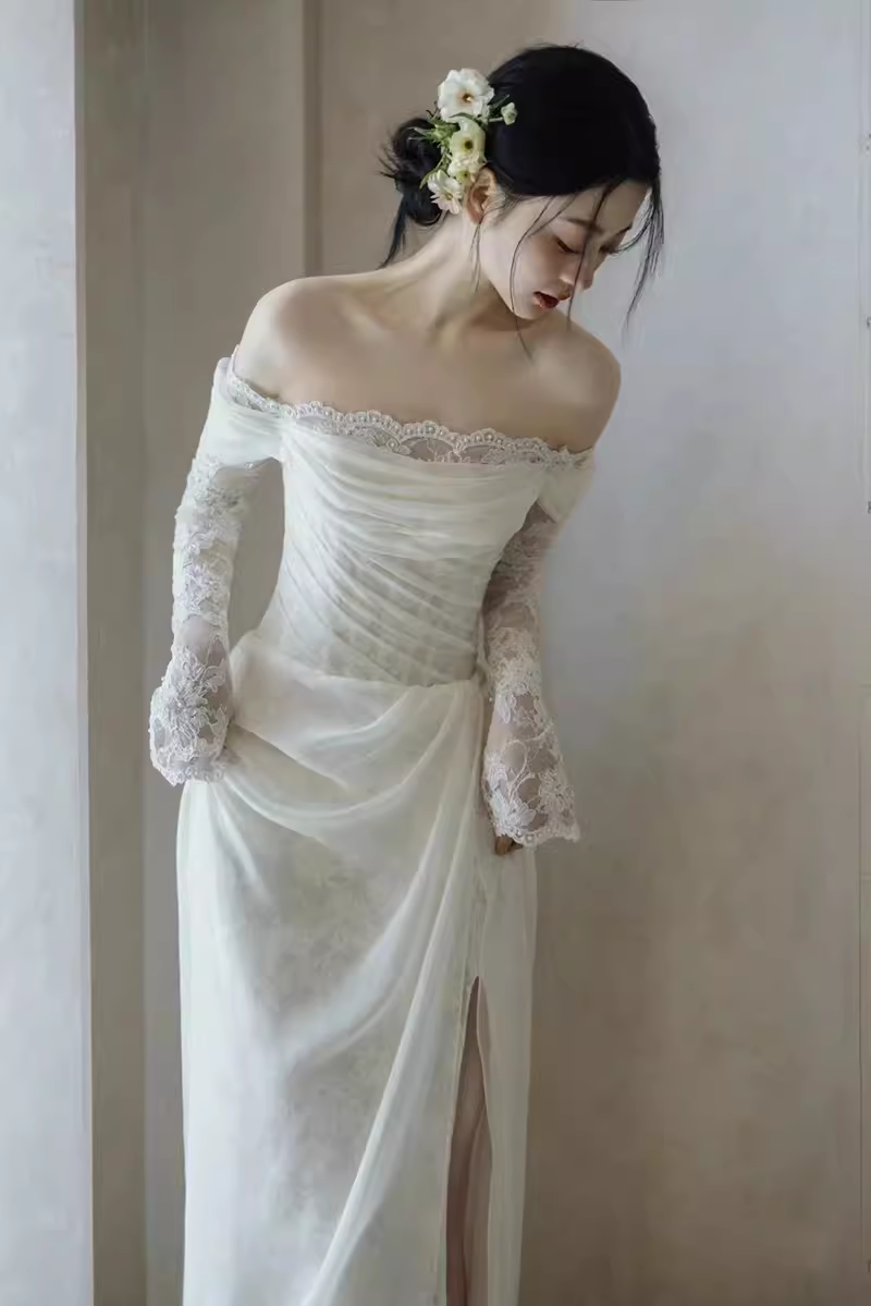 Chic Sheath Off The Shoulder Long Sleeves Lace White Wedding Dresses