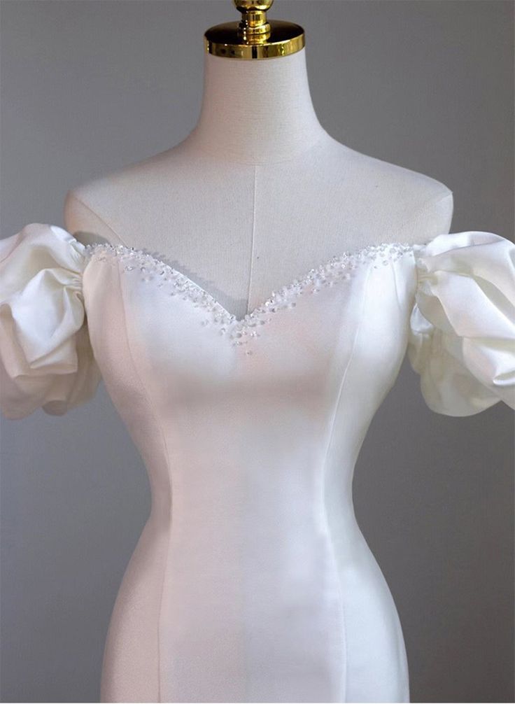 White Mermaid Hi Lo Satin Beading Wedding Dress