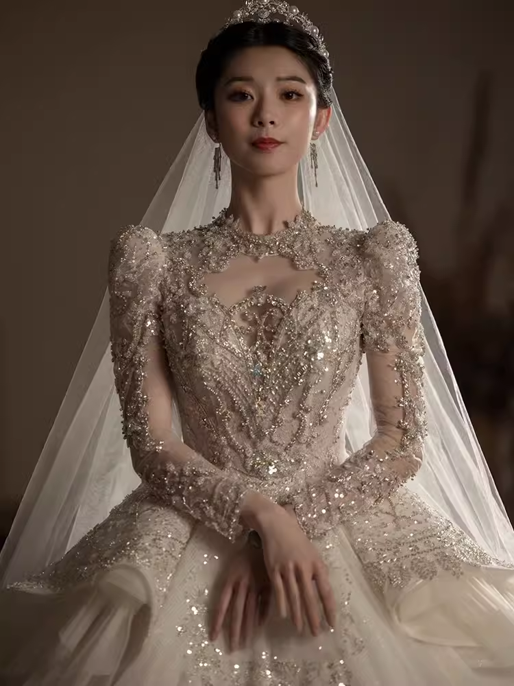 Luxury Ball Gown Scoop Neckline Long Sleeves Sequin Wedding Dress - View 4 | FashionDia