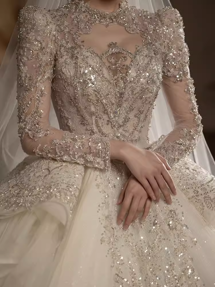 Luxury Ball Gown Scoop Neckline Long Sleeves Sequin Wedding Dress - View 2 | FashionDia
