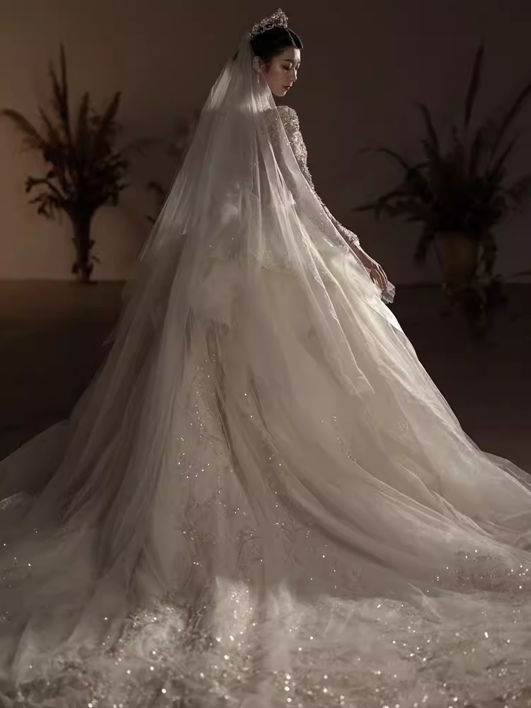 Luxury Ball Gown Scoop Neckline Long Sleeves Sequin Wedding Dress - View 5 | FashionDia