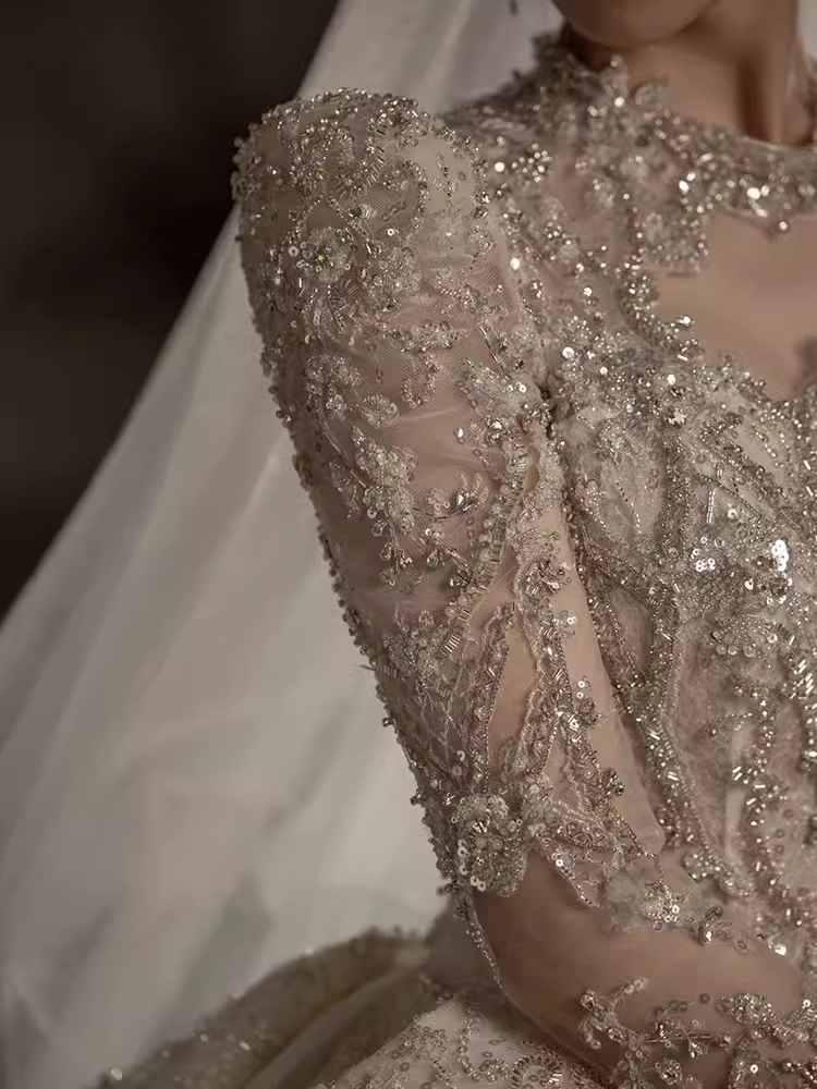 Luxury Ball Gown Scoop Neckline Long Sleeves Sequin Wedding Dress - View 3 | FashionDia