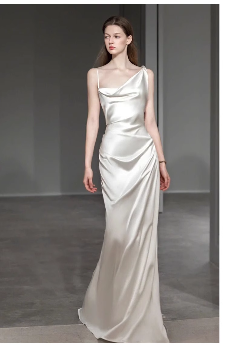 Vintage Sheath Irregular Neckline Satin White Wedding Dress