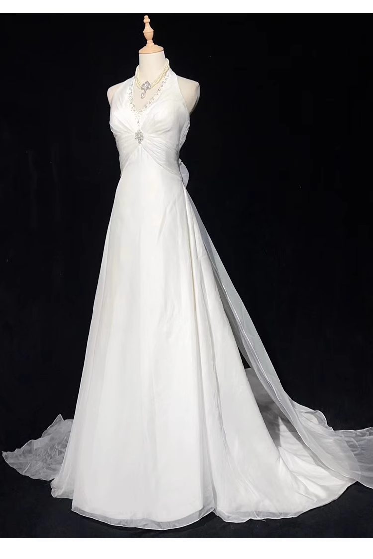Chic A line High Neckline Backless Satin Long Wedding Dresses With Ruffles
