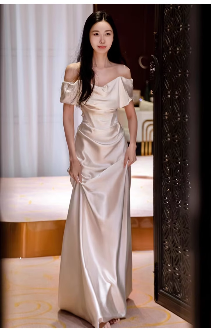 Sexy Sheath Off The Shoulder Satin Long Wedding Dresses With Ruffles