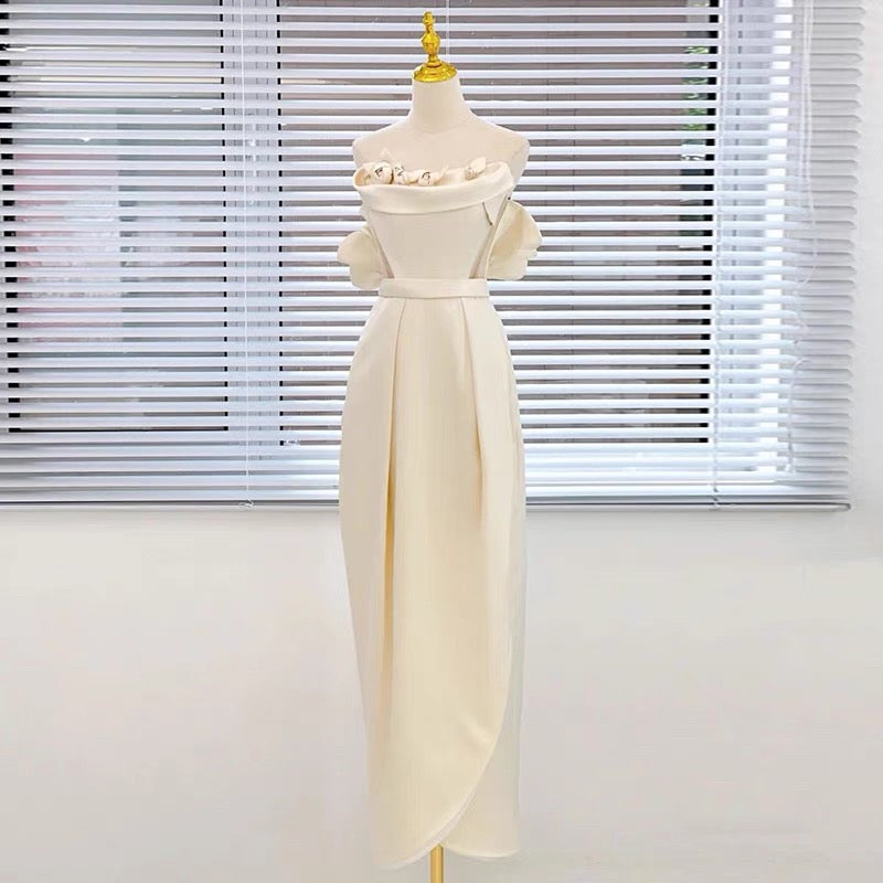 Classy Sheath Strapless Satin Ankle Length Wedding Dresses With Flowers