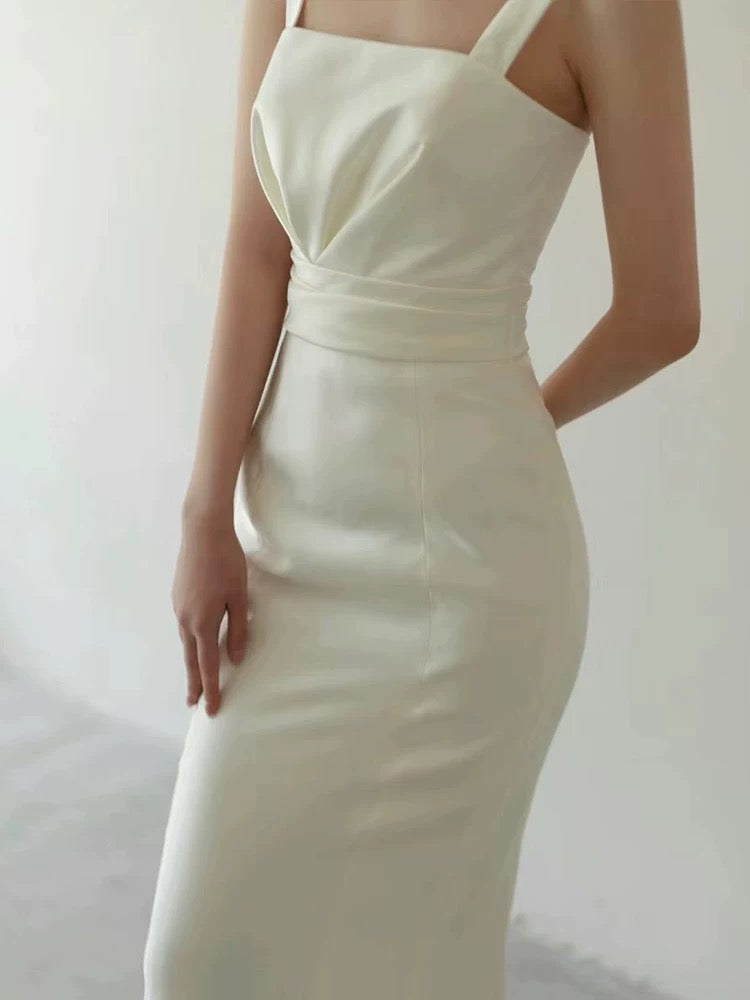 Timeless Sheath Straps Long Satin White Wedding Dresses - View 5 | FashionDia