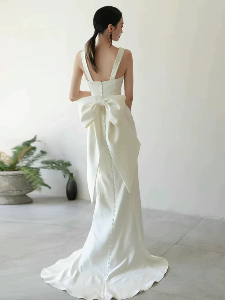 Timeless Sheath Straps Long Satin White Wedding Dresses - View 2 | FashionDia