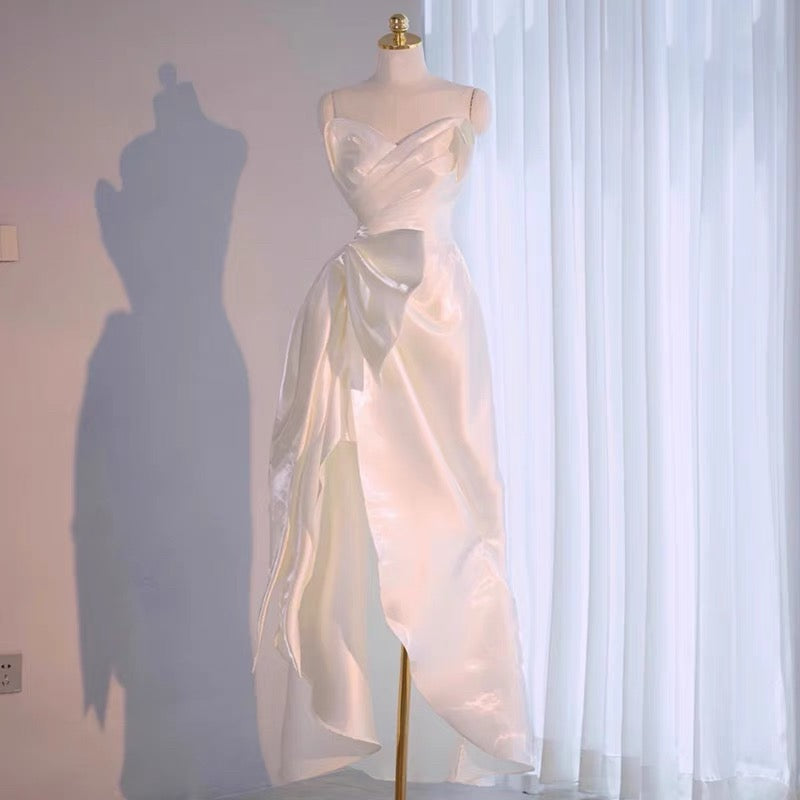 Simple High Low Sweetheart Long Satin White Wedding Dresses With Ruffles