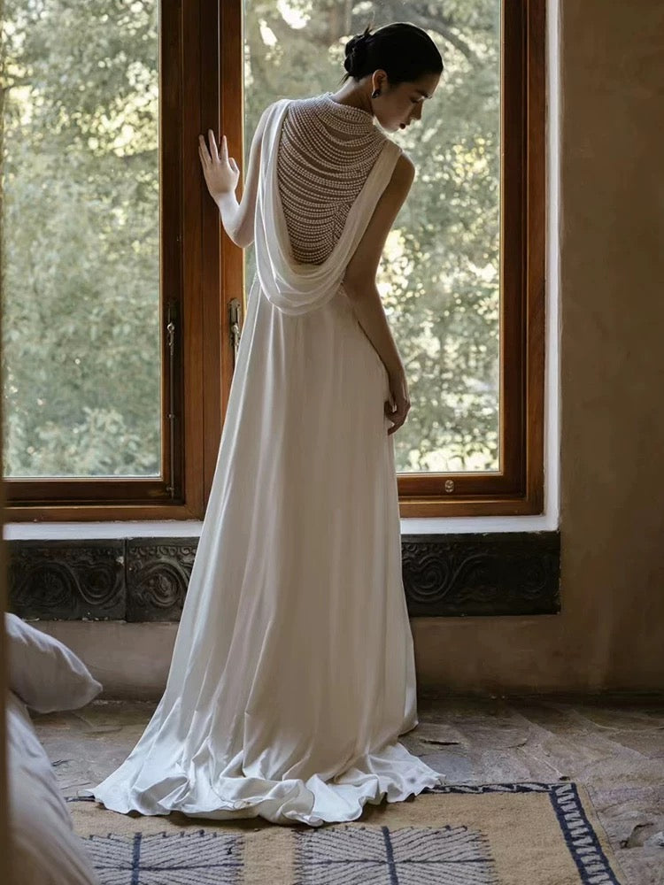 Unique A line High Neckline Chiffon Long Pearls White Wedding Dresses With Ruffles
