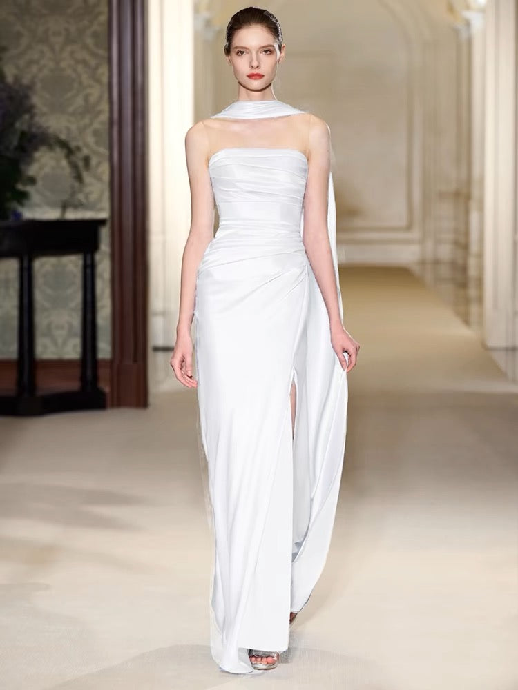 Unique Sheath Strapless Satin Slit White Wedding Dresses With Ribbon