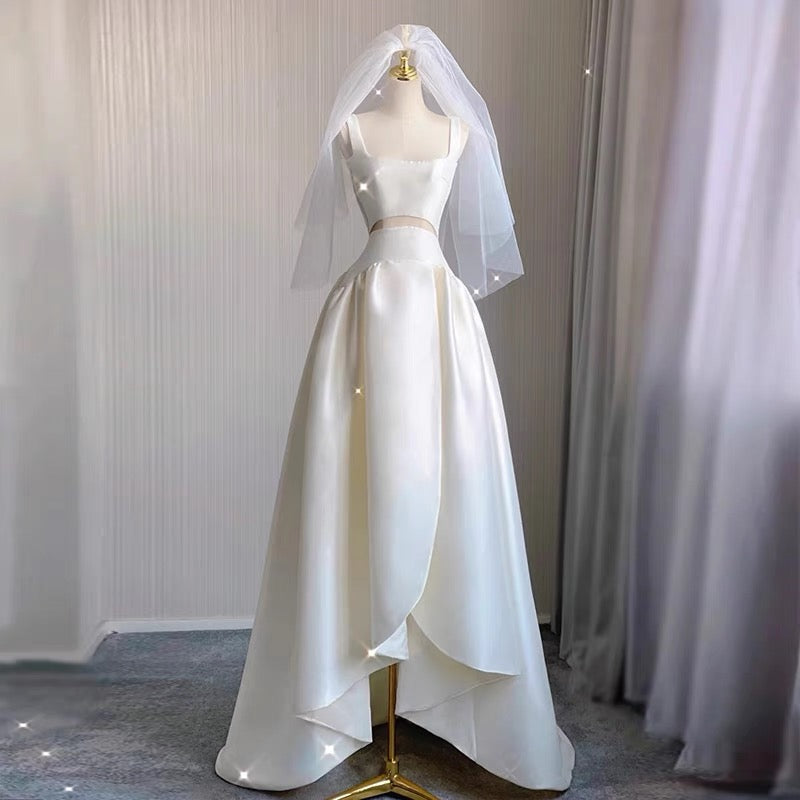 Unique High Low Straps Satin Long White Wedding Dresses