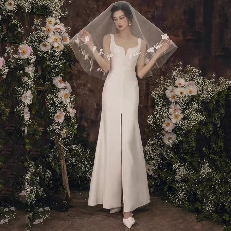 Unique Sheath Straps Satin Long White Slit Wedding Dresses