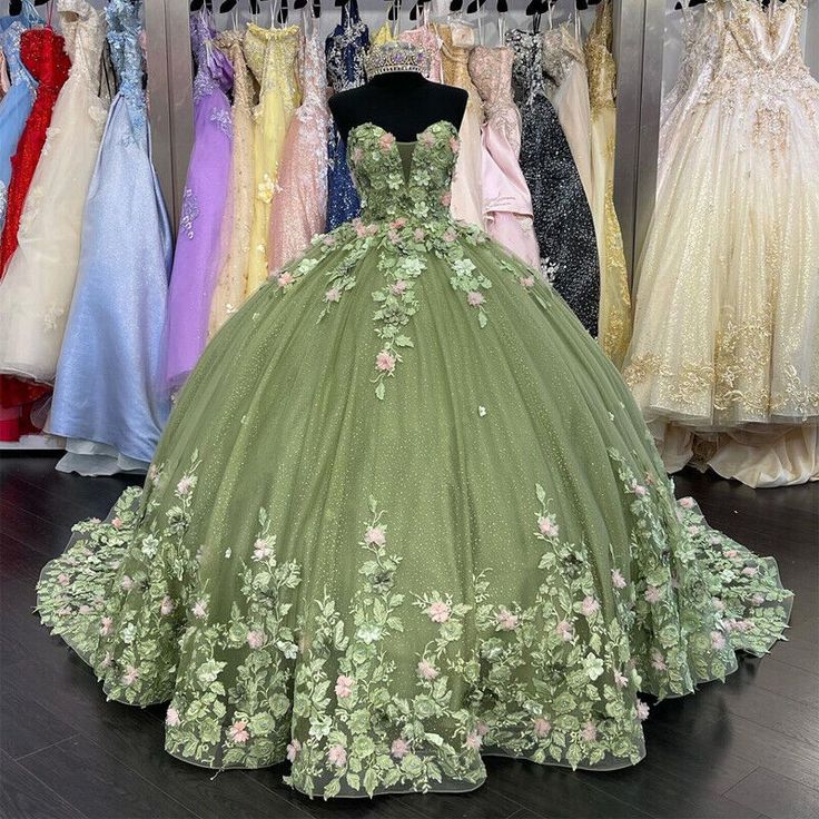 Modest Ball Gown Sweetheart Tulle Long Sage Green Formal Sweet 16 Dress Prom Dresses - View 3 | FashionDia
