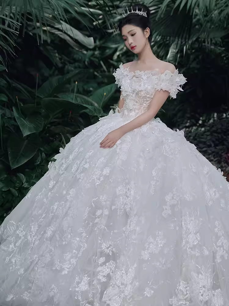 Luxury Ball Gown Off-the-Shoulder Short Sleeves White Lace Wedding Dress - View 3 | FashionDia
